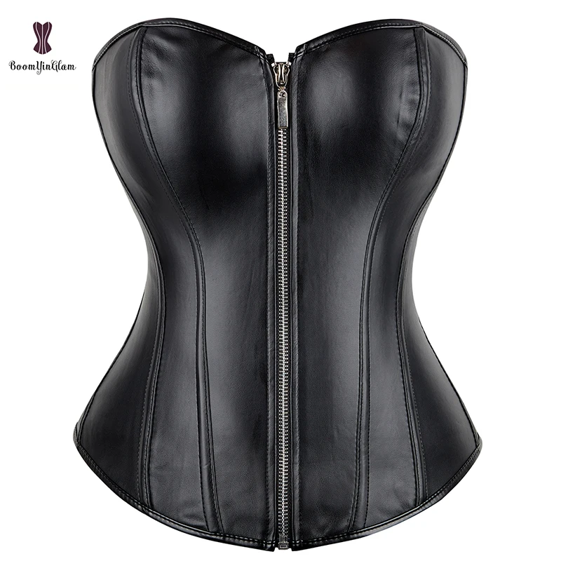 Black Red Mature Women Push up Chest Binder Bustier Slimming Corsets Shapewear Synthetic Leather Corset Top With Zipper