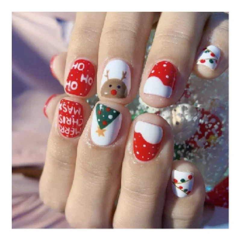 

Professional Beauty Christmas Acrylic Designs False Nails Easy Apply Cartoon Full Cover Durable Nails Short Press On Nails