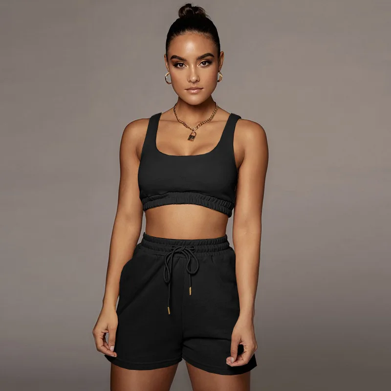 

Ladies Casual Solid Shorts Sets 2021 Crop Top Drawstring Shorts Matching Sportswear Set Summer 2 Piece Outfits for Women, Picture