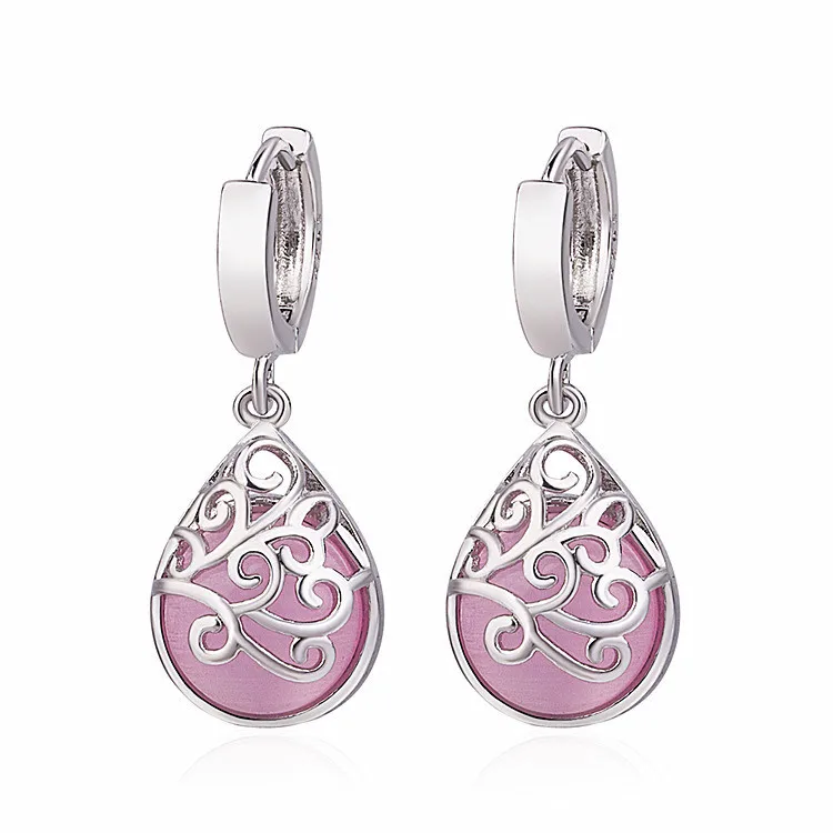 

Exquisite S925 Sterling Silver Small Hoop Pink White Opal Water Drop Moonstone Dangle Earrings for Women Gifts