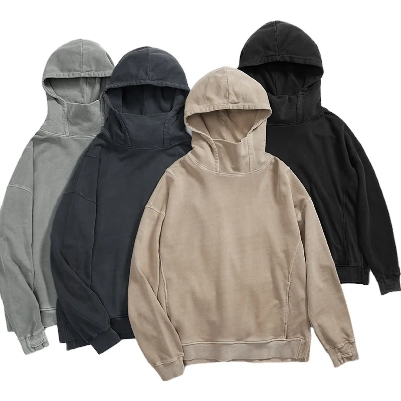 

2021 Latest design french terry high collar side slit hoodie washed oversize thumb holes ninja men thick hoodies