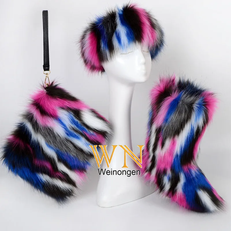 

New Factory wholesale women winter footwear colorful faux fluffy fox fur snow boots matching fur purse and hats sets, As pictures shown or custom