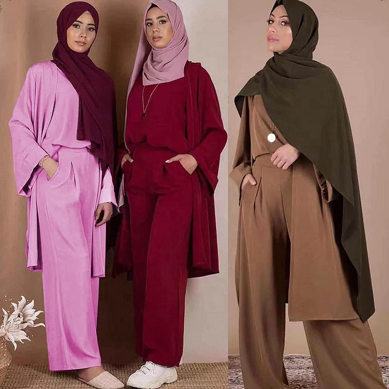 

Dubai Caftan Kaftan Turkish Kimono Robe Tops Pants Muslim Dress Islam Clothing For Women Three-piece Abaya, 4 colors
