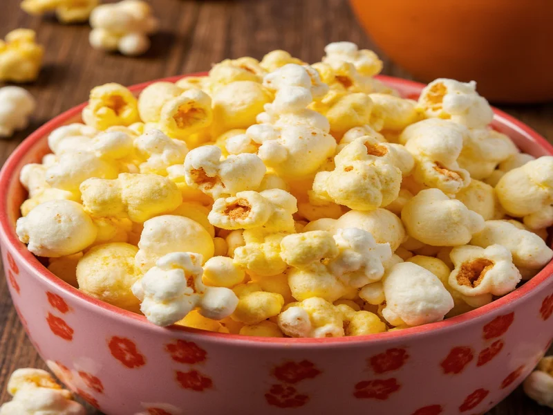 Homemade popcorn in bowl with golden kernels and visible seasoning