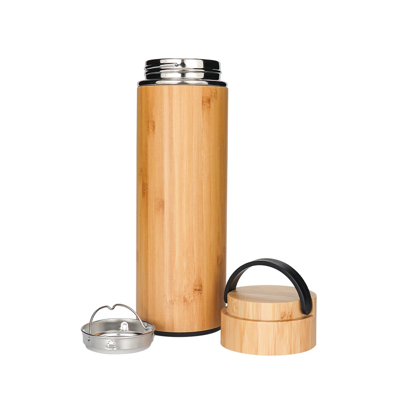 

Hot Sales Double wall stainless steel liner bamboo Vacuum Insulated Flask With Tea Infuser And Strainer, Custom colors