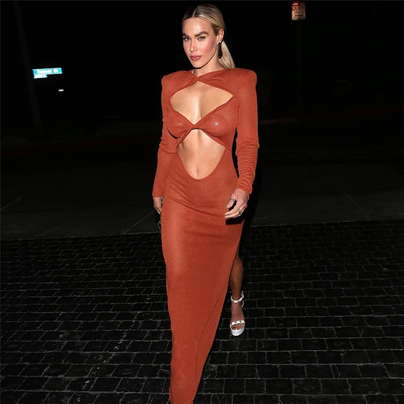 

Autumn Sexy Hollow Out Round Neck Solid Color Split Wrap Party Evening Dress Women Clothing 2021, As picture