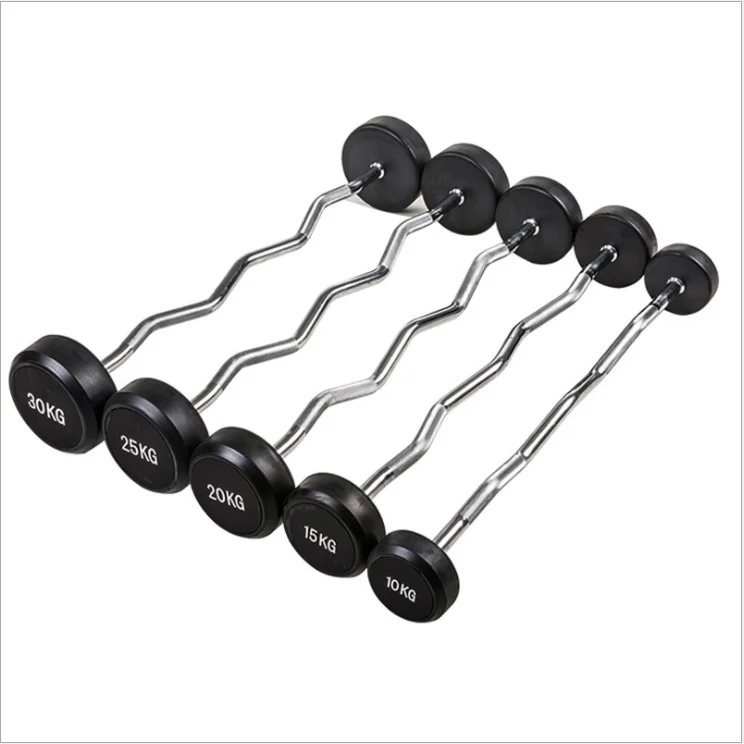 

Gym high quality fitness equipment weightlifting equipment rubber round head barbell Curved dumbbell bar, Black