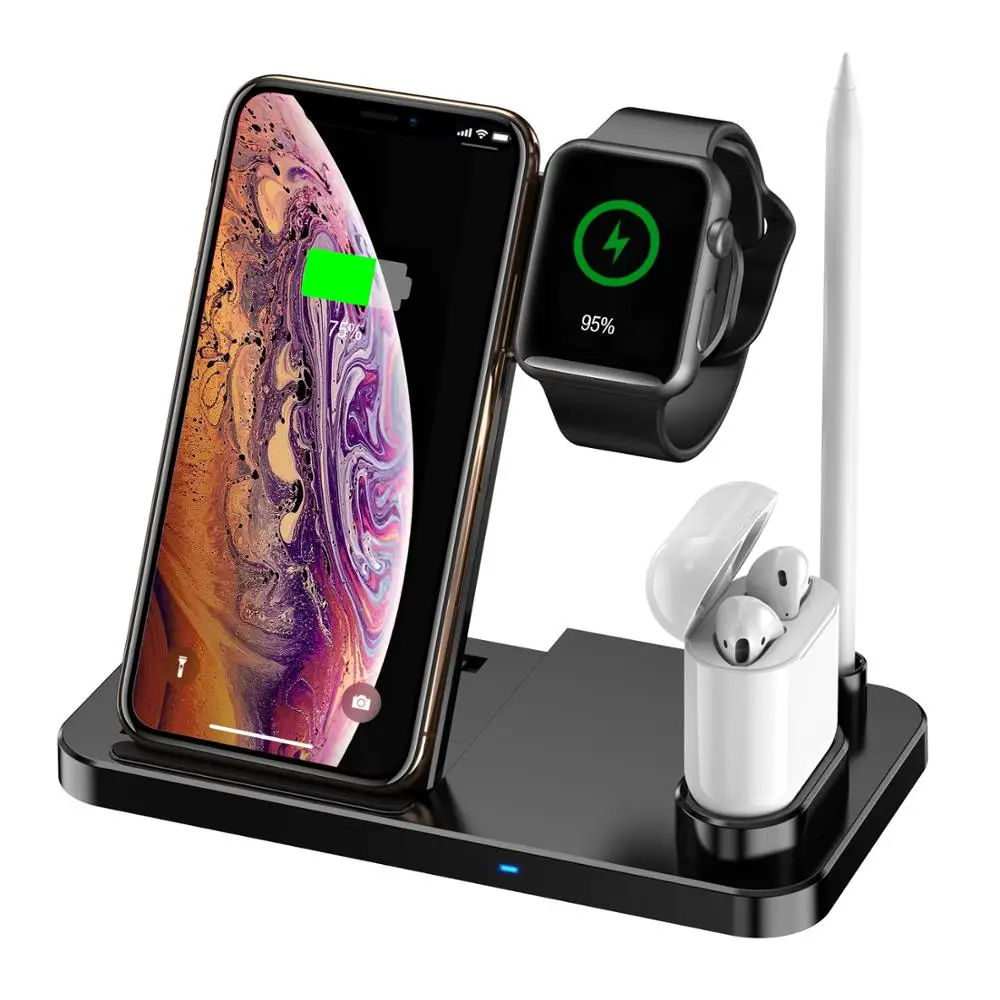 

4 in 1 Foldable 10w Wireless Charging Desk Holder for iPhone iWatch Airpods Apple Pen Android Phone Tablet Cargador Inalambrico