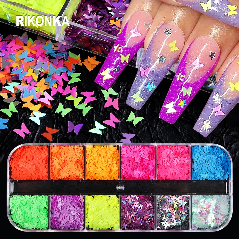 

3D Butterfly Glitter Sequins Neon Colorful Nail Art Flakes Summer Decorations Set For DIY Polish Nails Accessories Design Charms, Picture