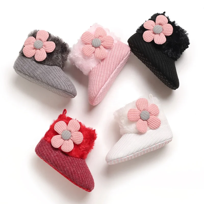

Flower Newborn Girl Cotton Infant Crochet Winter Fur Baby Knit Booties