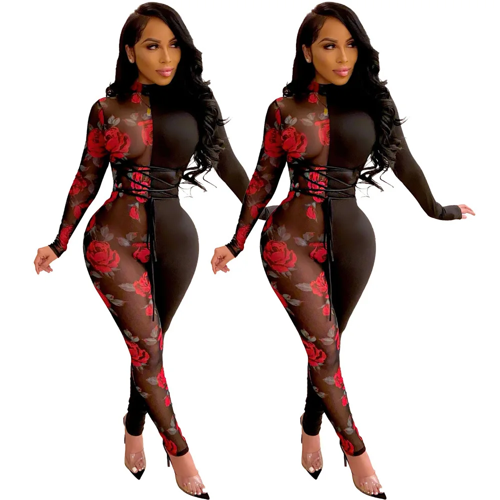

Women Sexy Romper Jumpsuit Long Sleeves Ladies Bodycon Patchwork Flower Printed Bodysuits Jumpsuit For Women