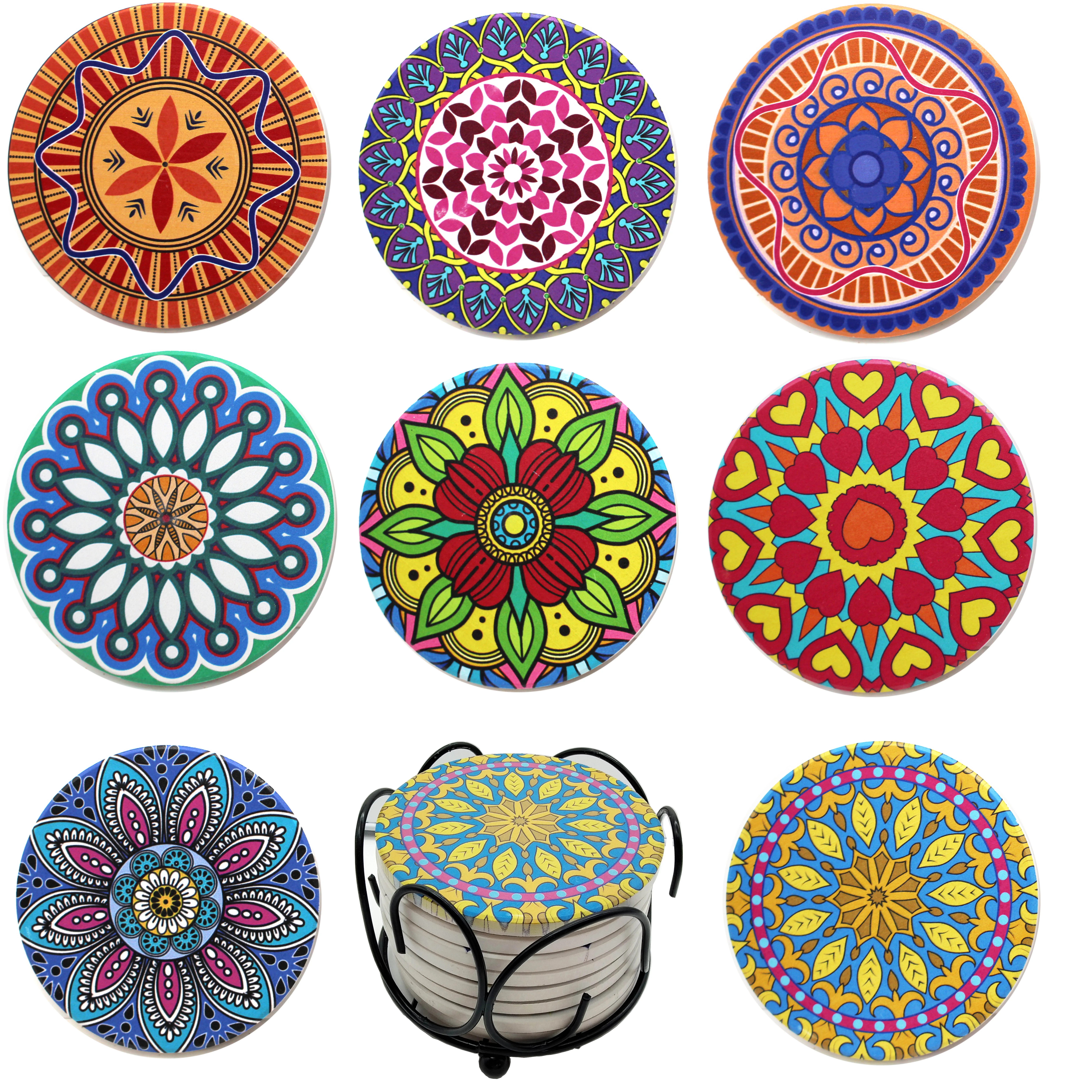 

Absorbent Mandala Ceramic Coasters with Cork Base Metal Holder Set of 8 Coaster for Drinks
