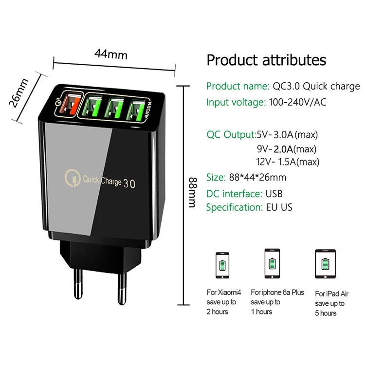 Quick Charge 3.0 Universal USB Travel Power Adapter With 4 USB Ports Charger UK