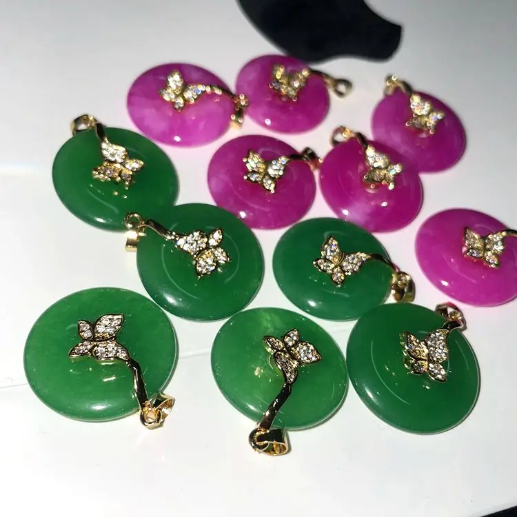 

Jialin INS 18k gold natural stone green fuchsia lavendar jade butterfly pendant pink jade butterfly necklace