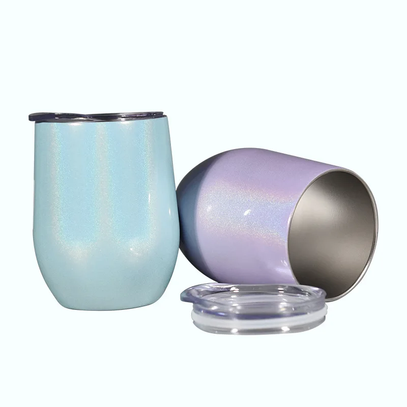 

12oz Glitter Insulated Egg Travel Mug With Lid Stainless Steel Wine Glasses Bling Mini Mugs Glitter Egg Shape Cups, 10 colors