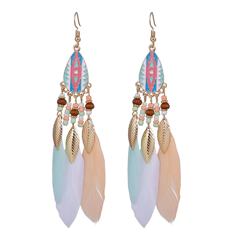 

Wholesale Retro Bohemian Jewelry Feather Ladies Tassel Earring, As picture