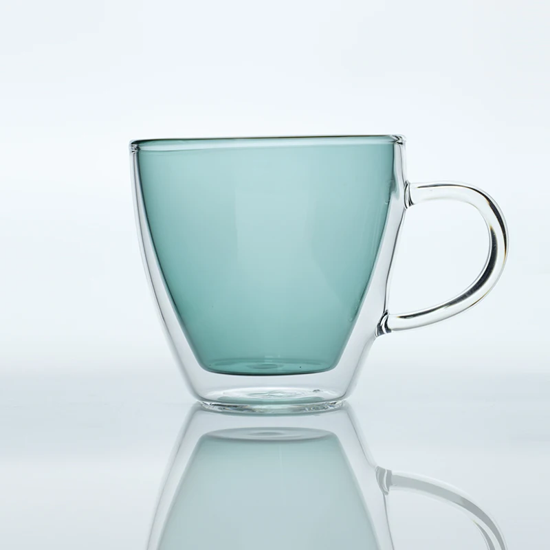 

Low price professional made blue double wall glass tea cup with handle, Light blue,green ,yellow