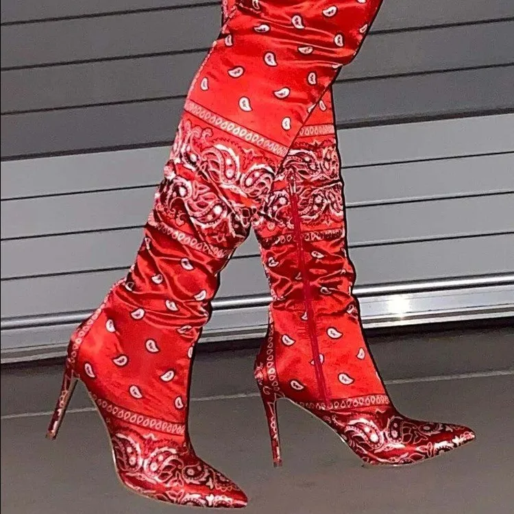 

Fancy Soft Bandana Upper Women Over Knee High Boots Side Half-zip Thin Heel Thigh High Booties for Ladies Big Size 43, Red/blue/black