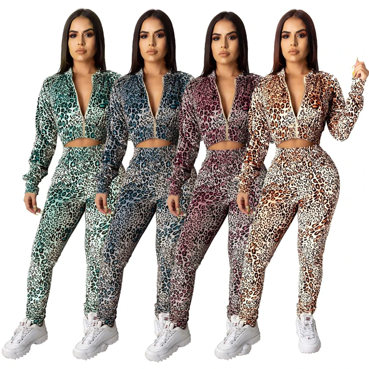 C91073 wholesale 2019 casual patchwork Wholesale two piece clothing leopard printing casual clothing