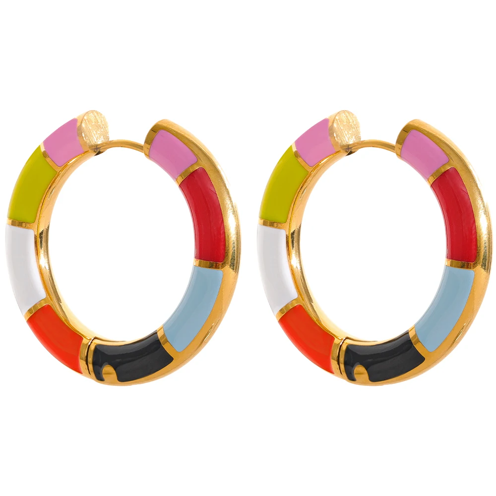 

JINYOU 1073 New 30mm Colorful Enamel Stainless Steel Round Hoop Huggie Earrings 2022 Gold Plated Charm Fashion Jewelry Women