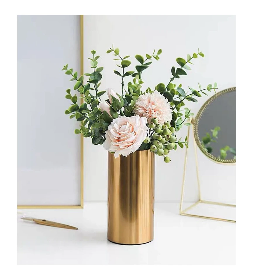 

European cylinder metal plating vase ornaments golden wrought iron flower arranging for house decoration interior