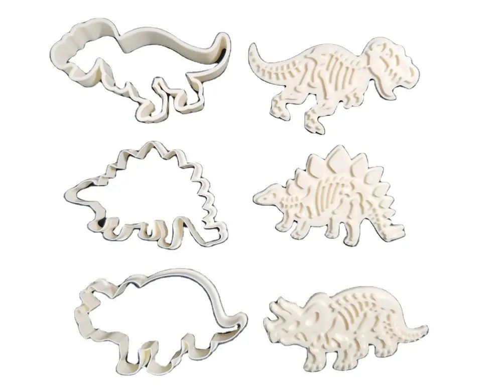 

2020 New Design 3pcs Dinosaur cookie stamp 3D cookie cutter and Plastic Biscuit Mold Set