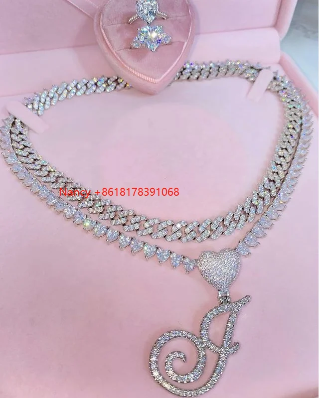 

foxi Bling cubic zirconia cuban chain plated silver jewelry Customized heart cursive letter women diamond jewelry necklace