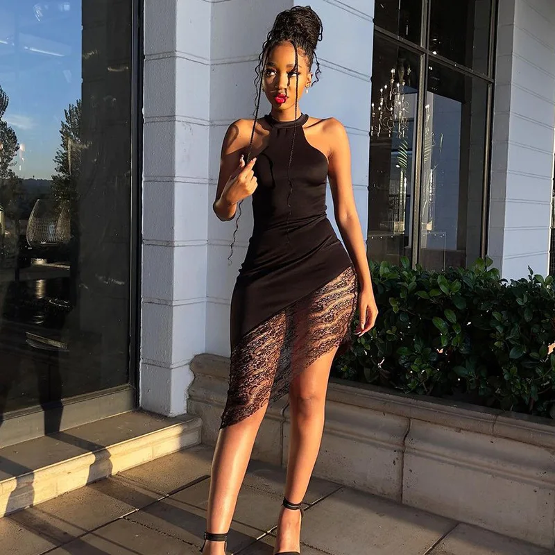 

C0089 2021 summer new black halter neck lace stitching slim sexy irregular dress