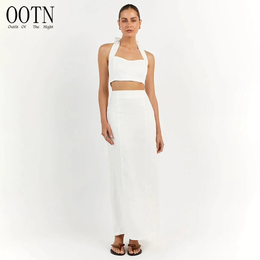 

OOTN Vacation 2023 Bandage Top Women High Waist Split Skirts Summer 2-Piece Skirts Sets Elegant Cotton Linen Skirts Sets