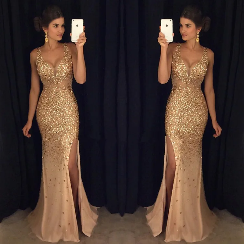 

Dropshipping New hot women's plus size long evening slit sleeveless dress prom dresses party maxi sequin evening dress, Picture