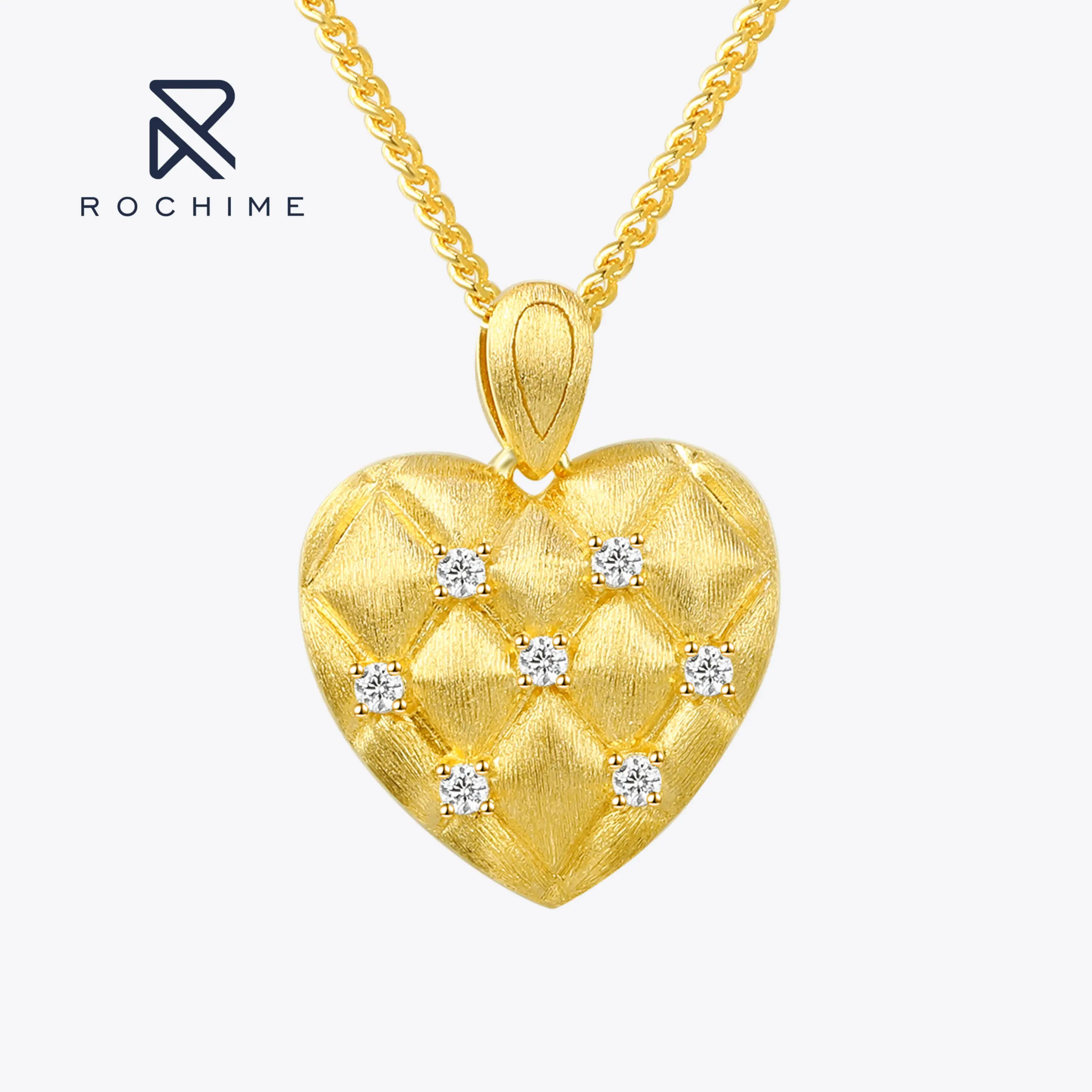 Rochime  Lingge Brushed Heart Necklace  925 Sterling Silver Zircon Fine Jewelry  for Women