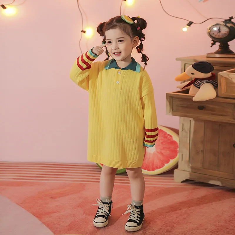 

2021fashion oversize children sweater polo baby kids long sweater dress girls