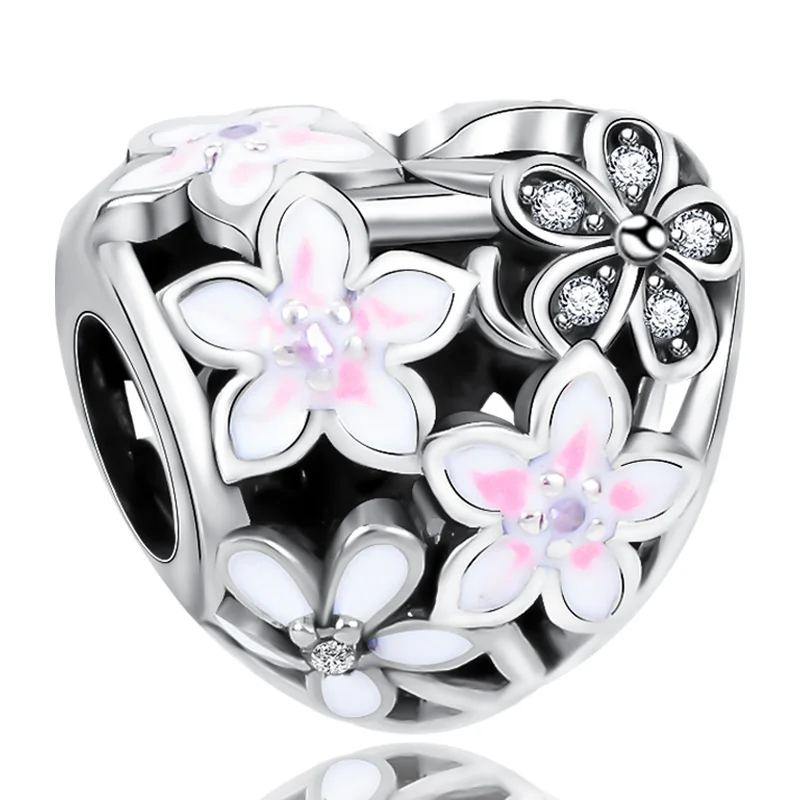 Hot Sale 925 Silver Heart Magnolia Flower Charm for Base Bracelet Making Women Jewelry