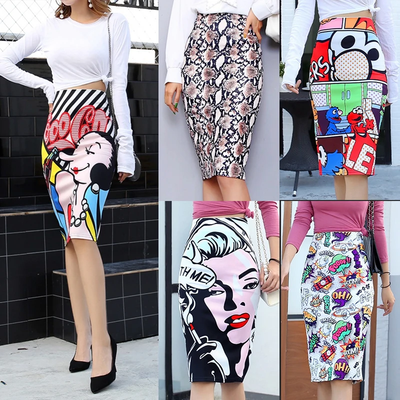 

Europe and America Latest Design Ladies Fashion Office Wearing Skirts Ladies Trendy Formal Cartoon Printed Midi Skirts