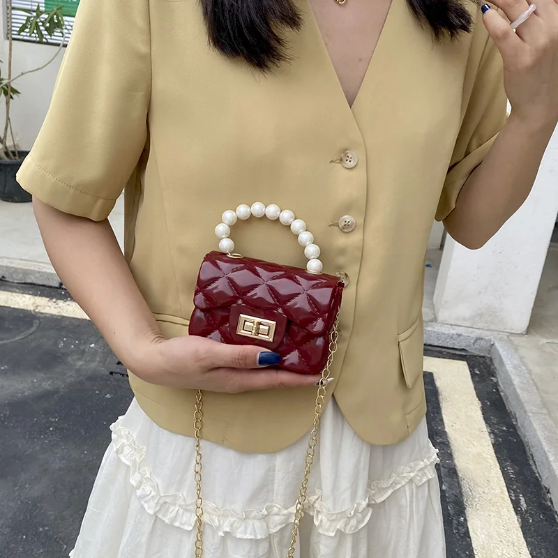 

New Style Ladies Chain Shoulder Bag Pu Leather Crossbody Bags Women Classic Pearl Handle Clutch Handbags, 17 color can choose or custom you like color