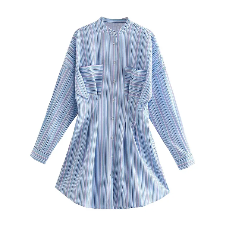 

Bmurhmza2021 summer new women's fashion versatile color stripe waist pocket girls shirt dress