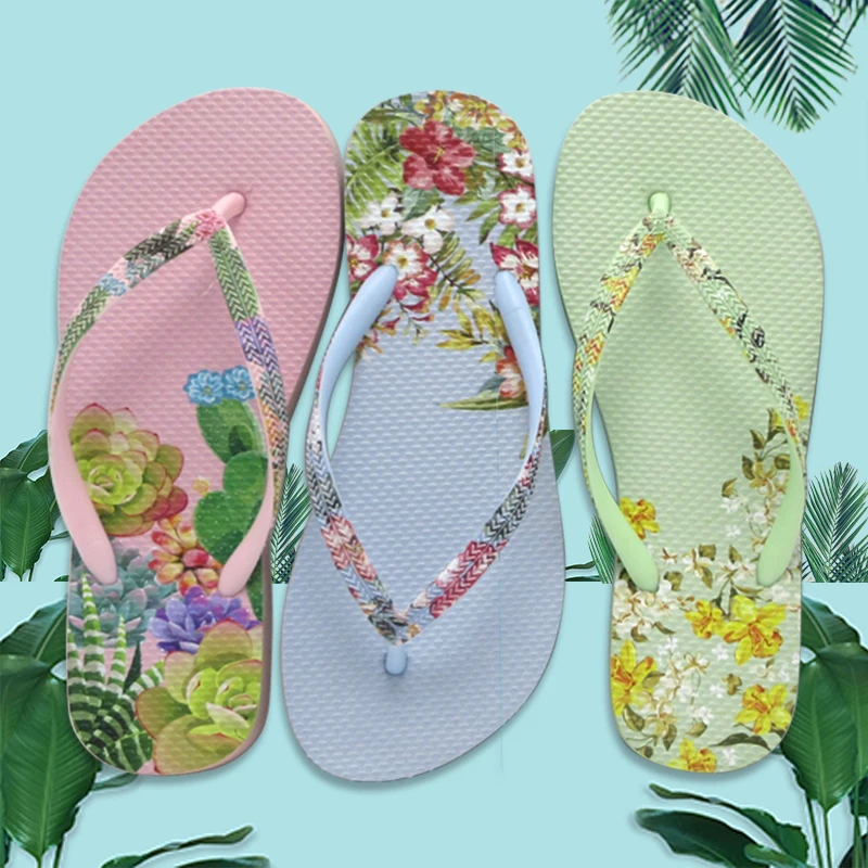 

Summer flip flops with flower printing strap high quality rubber content rubber 15mm thickness outsole Beach casual flip flop, Picture