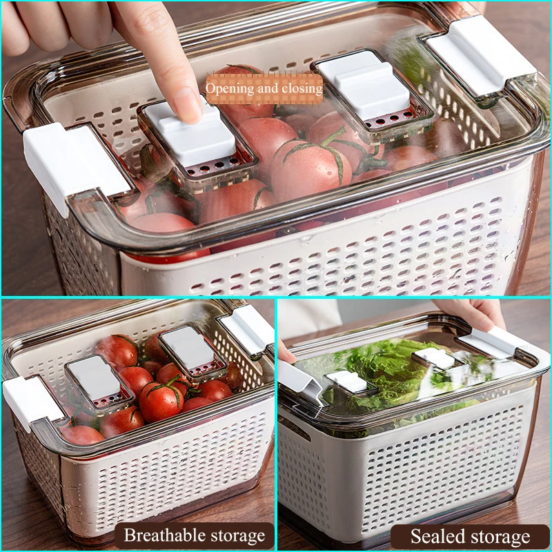 

Kitchen Plastic Storage Food Box Fresh-Keeping Box Refrigerator Fruit Vegetable Drain Crisper Kitchen Storage Container With Lid