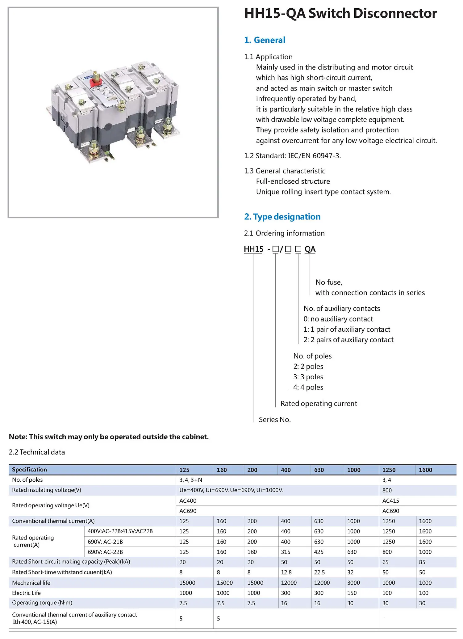 Chint original HH15-QA HH15-1250/3QA HH15-1000/4QA HH15-1250/4QA CHNT Switch Disconnector