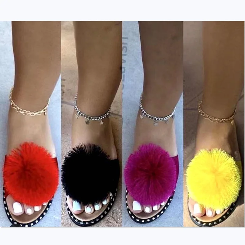

Women new slip on rhinestone trending sides platform house furry sandals ladies house fashion women's open flat slippers