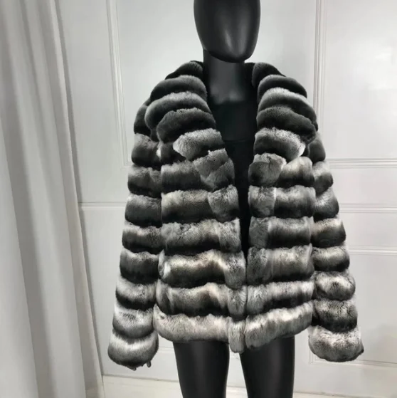 

New Fashion Chinchilla skin Fur Coat Full Sleeves Chinchilla Color High Quality 100% Genuine Chinchilla skin, As pictures