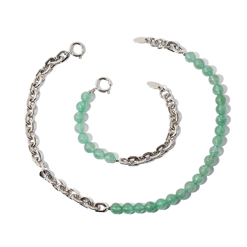 

New Arrival Platinum Plated Natural Stone Chain Necklace French Trendy Green Jade Bracelet For Women