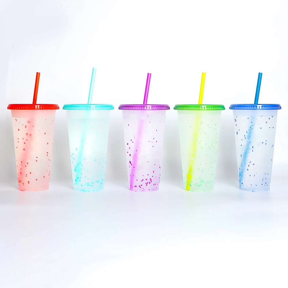 

Fancy water color changing reusable coffee drinking plastic cold straw cup with lids