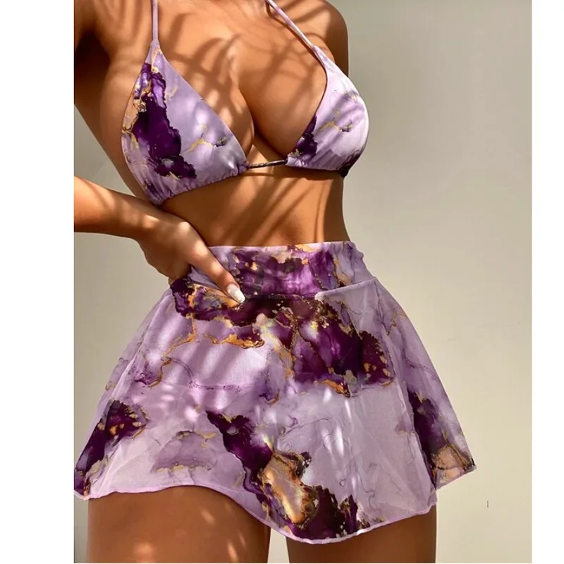 

2022 new three-piece printed bikini Amazon sexy strappy skirt triangle swimsuit women, Customized color