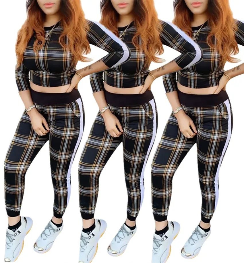 

CL- 191 Popular Plaid Sexy Fitness Two-piece Set New Arrival Autumn Fashionable Casual Crop Top Women Suit Pants