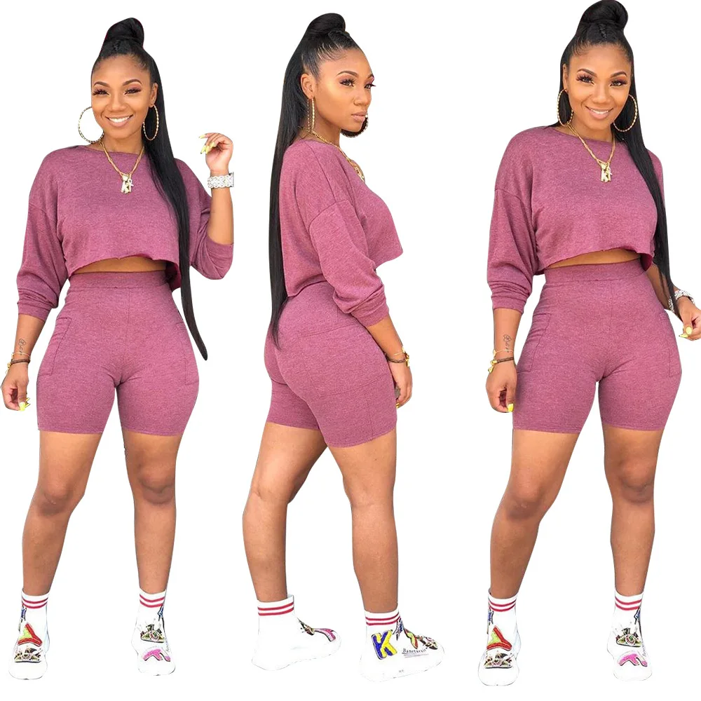 

Hot sale long sleeve blouse shorts two piece set plus size women clothing 2021 summer in stock, Picture color