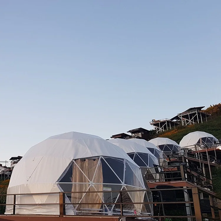 

Factory Sale Luxury Transparent Glamping PVC Geodesic Dome Hotel Tent For Glamping, 30% transparent and 70% white color