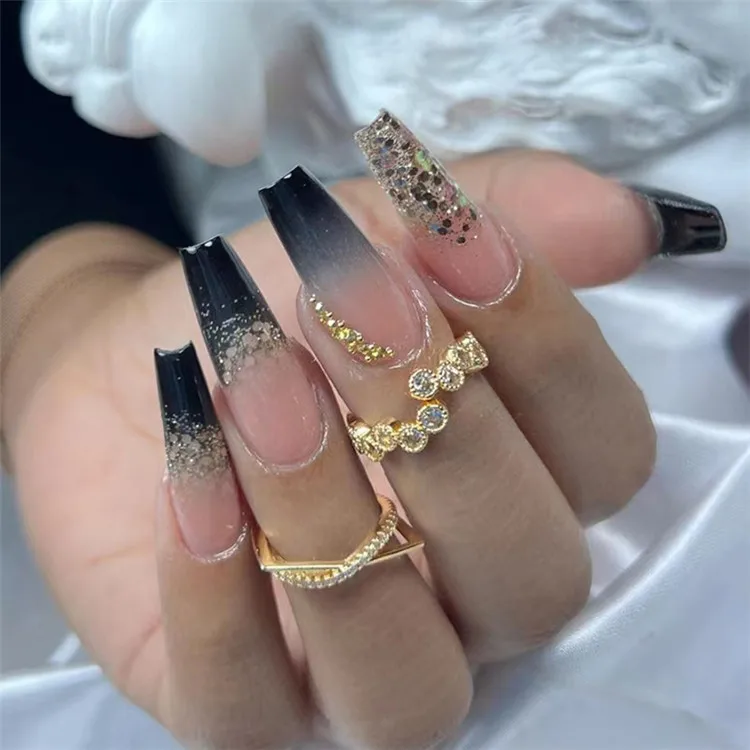 

Wholesale Artificial Fingernails Ballerina Fake Nail French Fakenail Coffin Press On Nails With Rhinestones