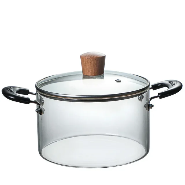 

1.2L 2L explosion-proof transparent glass pot with two wooden handle Soup pot high borosilicate clear glass cooking pot