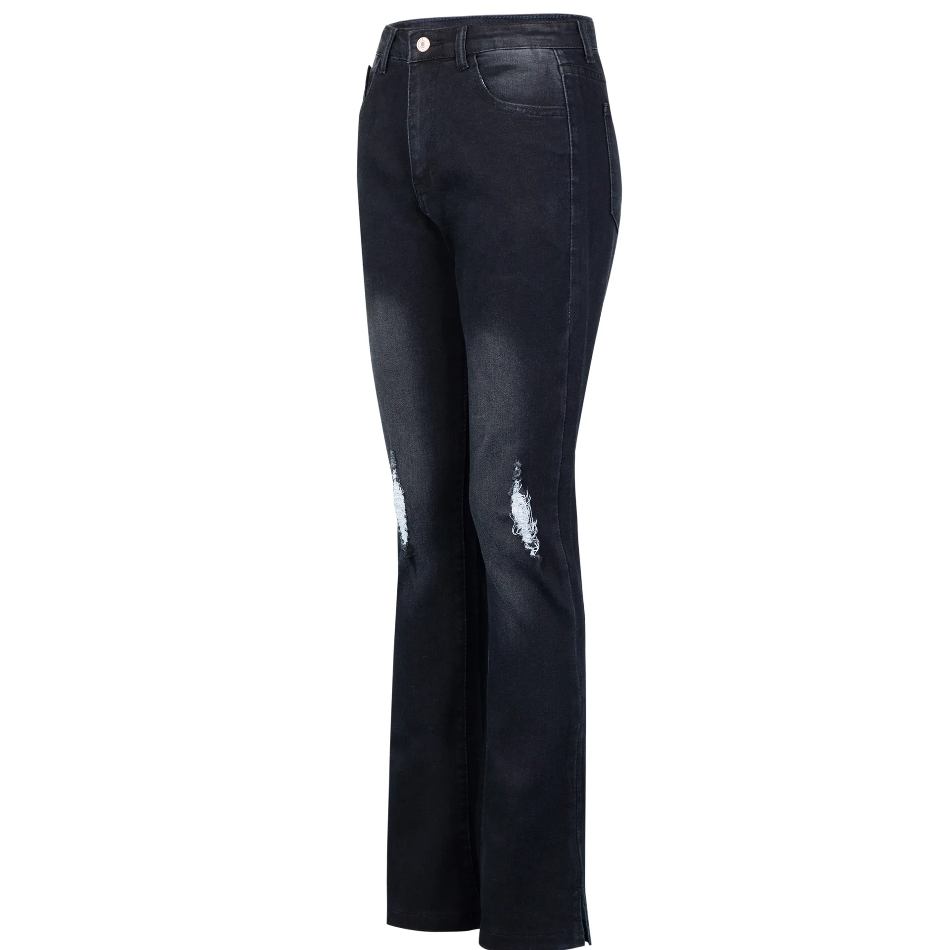

Women's Stylish designer Destoryed Flare Jeans Elastic Waist Bell Bottom Frayed Hem Holes Denim wide leg Pants